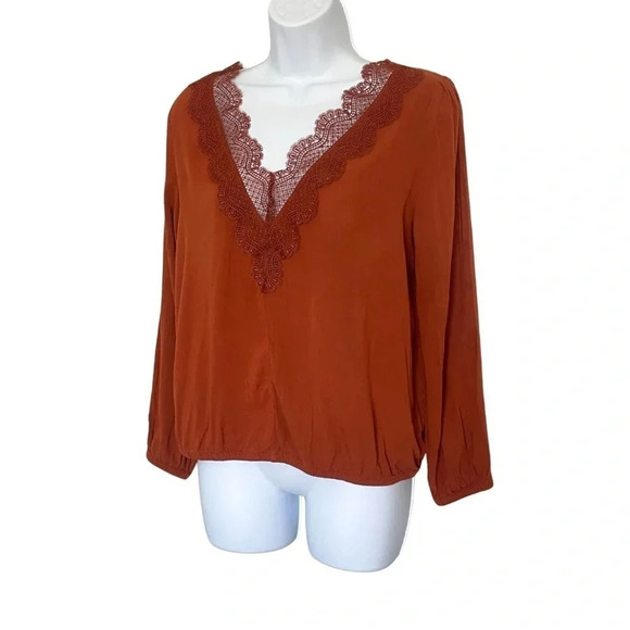 Express Burnt Orange Long Sleeve Blouse, Size Small, Lace-Like V-Neckline - Picture 8 of 10
